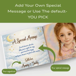 May include: A personalized children's book spread featuring a light blue sky background with a yellow crescent moon and stars. The left page displays the text A Special Message, Sweet dreams, Amelia, May your nights be cozy, your heart be happy, and your dreams be filled with wonder, With love, Mommy & Daddy.