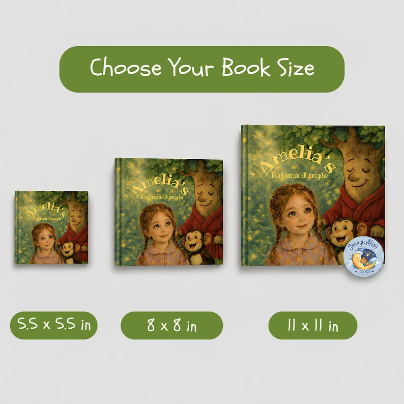 May include: Three square children's books titled Amelia's Pajama Jungle, featuring a girl, a tree character, and a monkey. Sizes are 5.5 x 5.5 inches, 8 x 8 inches, and 11 x 11 inches. The cover art shows a forest scene with golden light and stars.