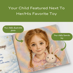 May include: A personalized children's book page featuring an illustration of a young child with braided hair wearing a pink star-patterned pajama top, holding a white plush bunny toy against a soft, pastel-colored background with clouds and stars.