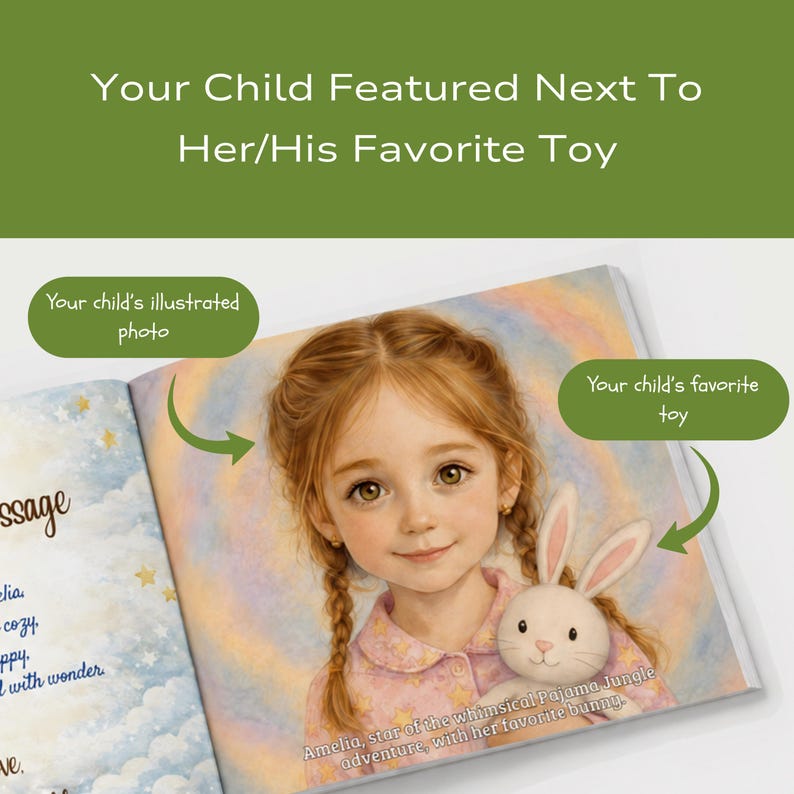 May include: A personalized children's book page featuring an illustration of a young child with braided hair wearing a pink star-patterned pajama top, holding a white plush bunny toy against a soft, pastel-colored background with clouds and stars.