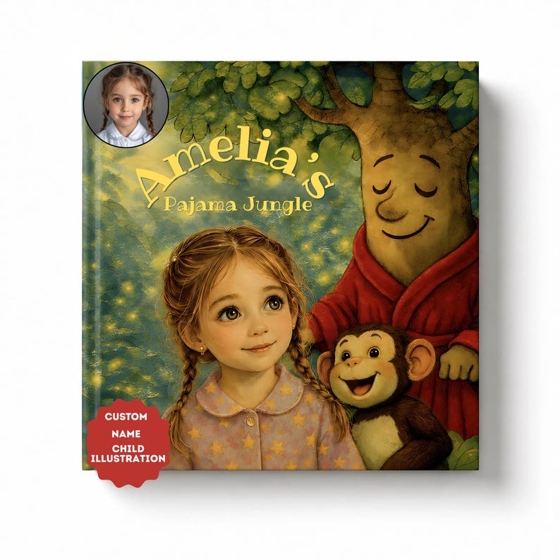 May include: A hardcover book titled Amelia's Pajama Jungle featuring a young girl with braided hair, a smiling monkey, and a large tree character in a red robe. A circular inset shows a photograph of a young girl, and a red badge reads CUSTOM NAME CHILD ILLUSTRATION.
