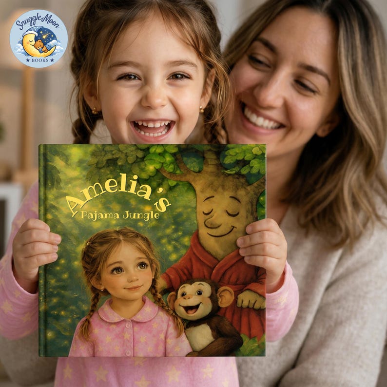 May include: A hardcover children's book titled Amelia's Pajama Jungle. The cover features an illustration of a young girl with braided hair, a monkey, and a tree-like character in a forest. The text Snuggle Moon BOOKS is in the corner.