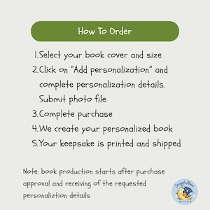 May include: An instructional graphic with a green header labeled How To Order. It lists five steps for ordering a personalized book, including selecting a cover, adding details, submitting a photo, and completing the purchase. A logo shows a moon and bear.
