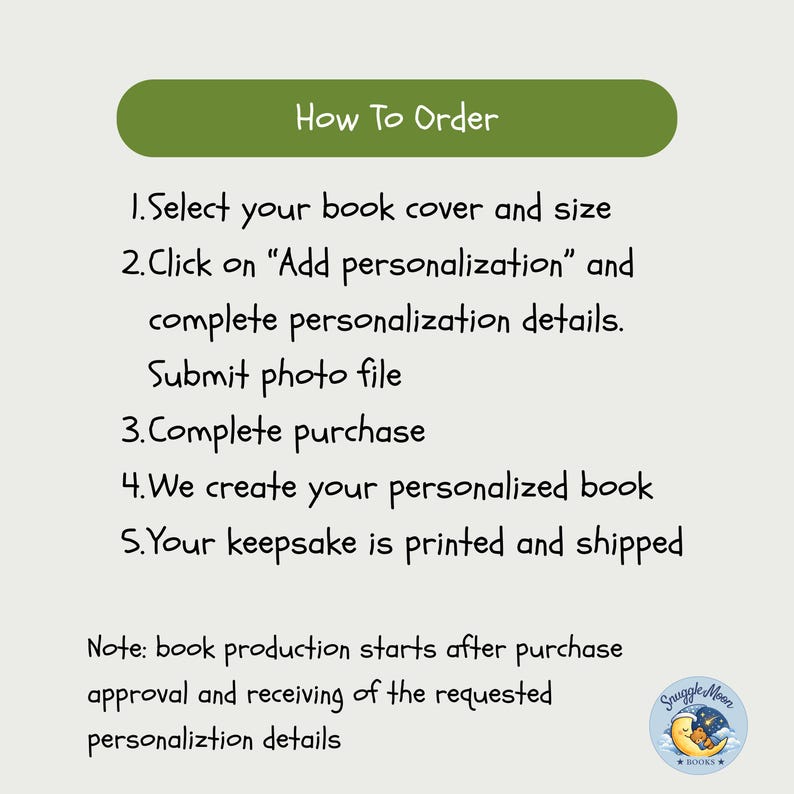 May include: An instructional graphic with a green header labeled How To Order. It lists five steps for ordering a personalized book, including selecting a cover, adding details, submitting a photo, and completing the purchase. A logo shows a moon and bear.