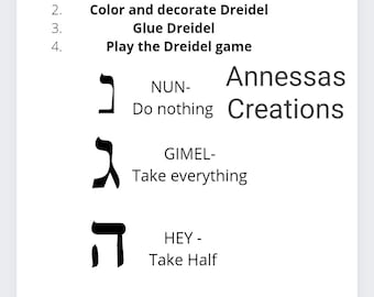 May include: Instructions for playing the dreidel game, a traditional Jewish game played during Hanukkah. The image shows the four sides of the dreidel with their Hebrew letters and English translations: Nun (Do nothing), Gimel (Take everything), Hey (Take half), and Shin (Put one in).