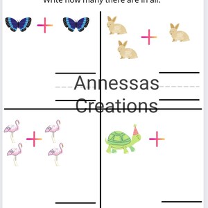 Könnte beinhalten: Ein Arbeitsblatt mit vier Additionsproblemen, die bunte Illustrationen von Schmetterlingen, Kaninchen, Flamingos und einer Schildkröte zeigen. Das Arbeitsblatt fordert den Benutzer auf, die Objekte in jedem Problem zu zählen und die Gesamtzahl in den dafür vorgesehenen leeren Raum zu schreiben.