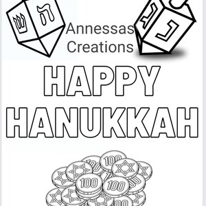 Peut inclure: Page à colorier en noir et blanc représentant une toupie, un tas de pièces de monnaie et le texte "HAPPY HANUKKAH".