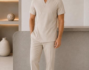 Men’s Spa Uniform Sample | Custom Spa Tunic & Pants Prototype | Male Therapist Uniform | Bespoke Clinic and Wellness Team Workwear