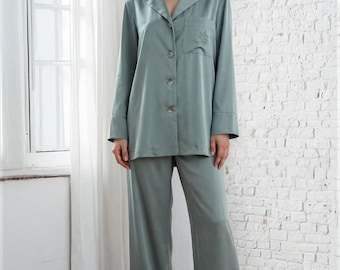 Embroidered Satin Pajama Set with Scrunchies | Handmade Bridal Sleepwear