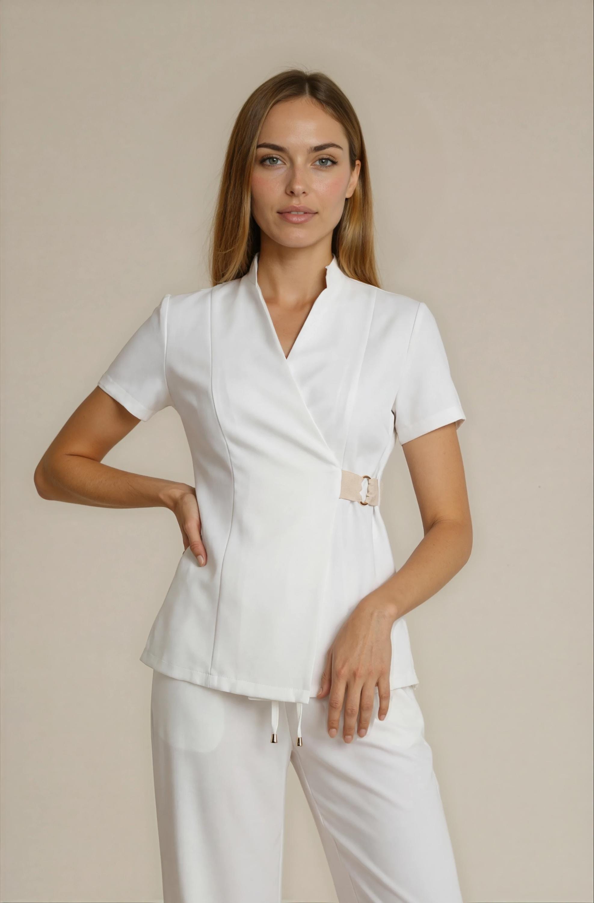 spa dress code for ladies Monaco White Uniform Set | Gold Ring Wrap Tunic & Pants | Luxury Esthetician Uniform | Aesthetic Clinic and Beauty Salon Workwear cute spa day outfit