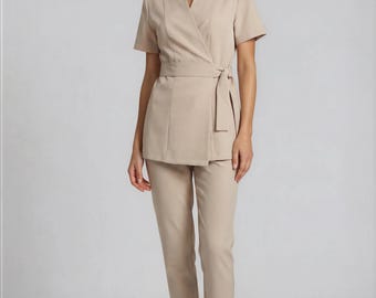 Luxury Beige Spa Uniform Set for Estheticians | Riviera Wrap Tunic & Pants Set | Wellness Clinic Apparel | Designer Professional Wear