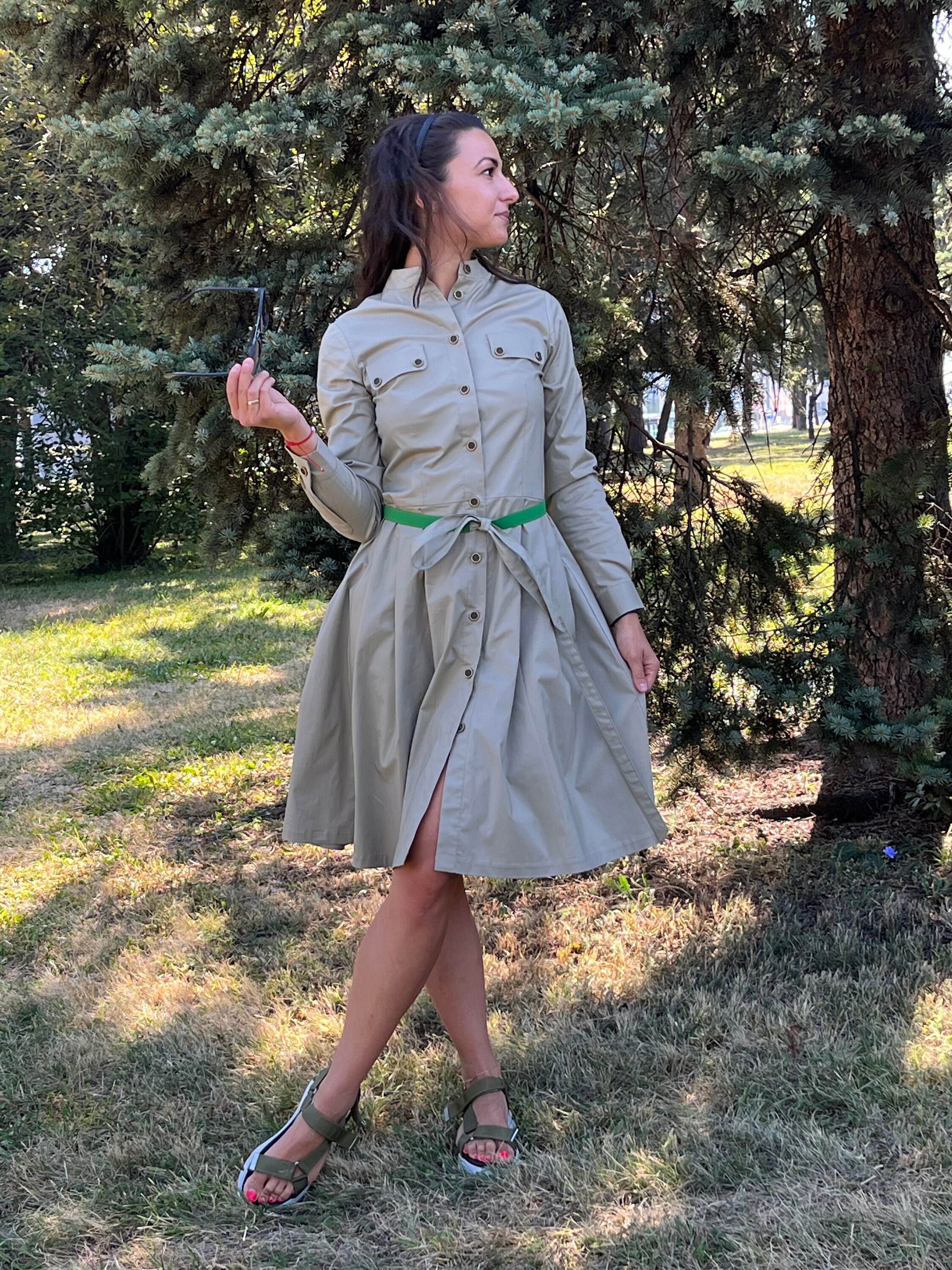 beige shirt dress with belt Button Front Belted Shirt Dress in Beige