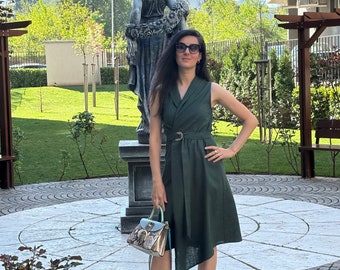 Robe verte, Robe en lin vert foncé, Robe midi d'été, Robe en lin