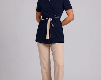 Riviera Navy and Beige Spa Uniform Set | Wrap Tunic and Pants | Luxury Esthetician Uniform | Aesthetic Clinic and Beauty Workwear