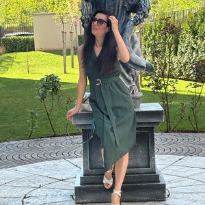 Green dress, Deep green Linen Dress, Summer Midi Dress, Linen Dress With Tie Waist, Classic  Dress For Women, Simple Linen Dress Plus Size
