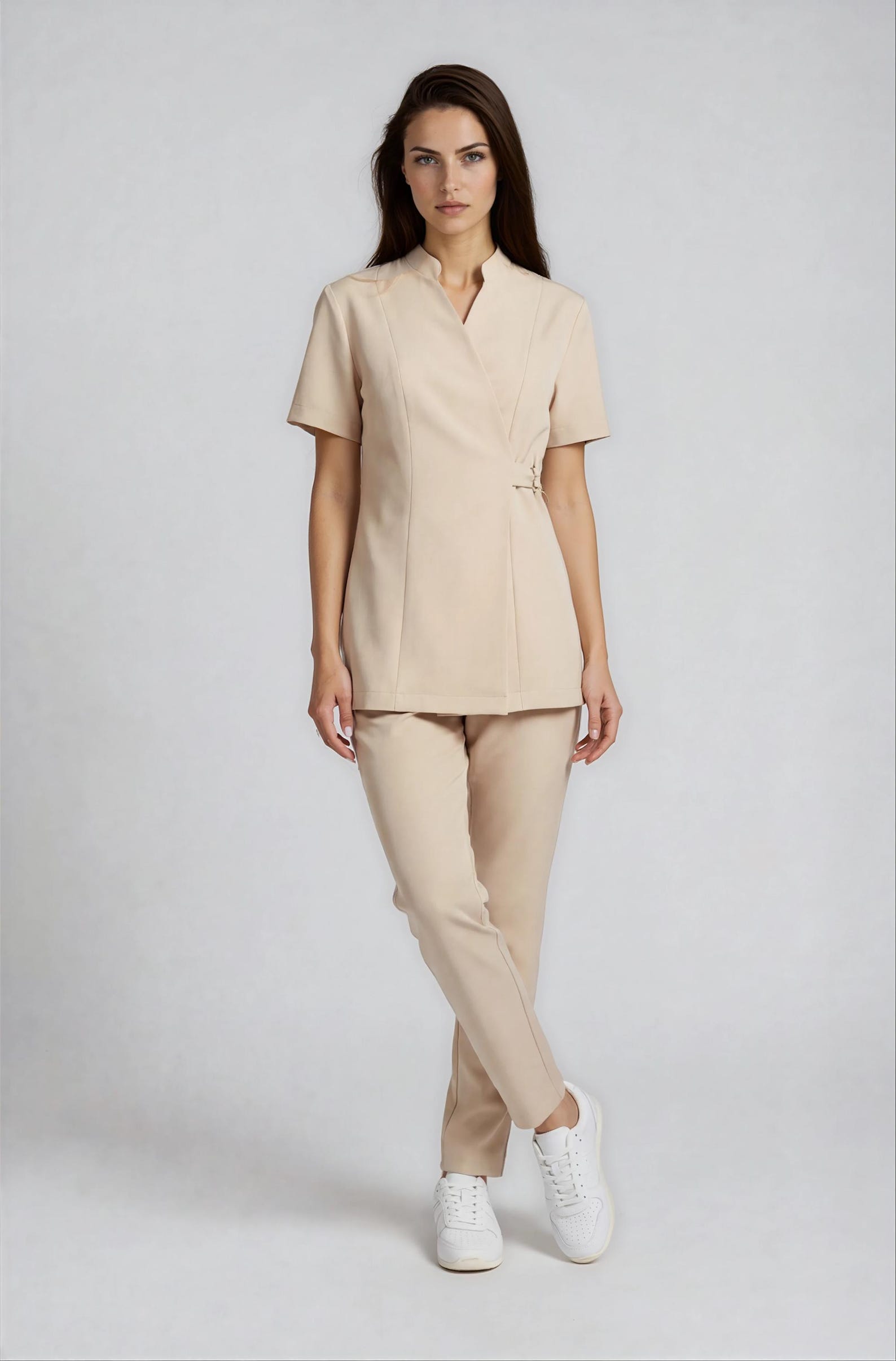 Beige Spa Uniform With Gold Ring Closure, Luxury Esthetician Outfit ...