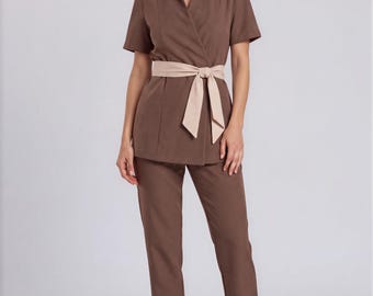 Mocha Brown Spa Uniform Set, Riviera Wrap Tunic with Beige Belt, Tapered Pants, Luxury Beauty Salon Workwear
