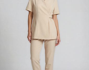 Luxury Beige Spa Uniform Set for Estheticians | Monaco Ring Tunic & Pants | Gold Detail Wellness Clinic Apparel | Designer Professional Wear