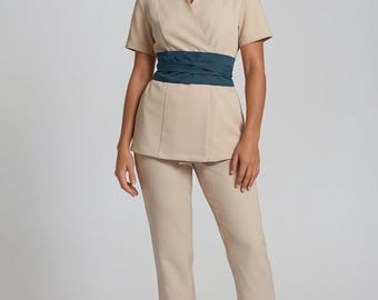 Luxury Spa Uniform set in Sand Turquoise, Elegant Beauty Salon Workwear, Esthetician Dermatology Clinic top and trousers, Medical Spa Outfit