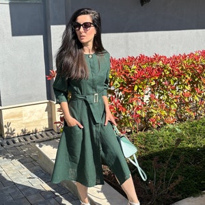 Green dress, Deep green Linen Dress, Summer Midi Dress, Linen Dress With Tie Waist, Classic  Dress For Women, Simple Linen Dress Plus Size