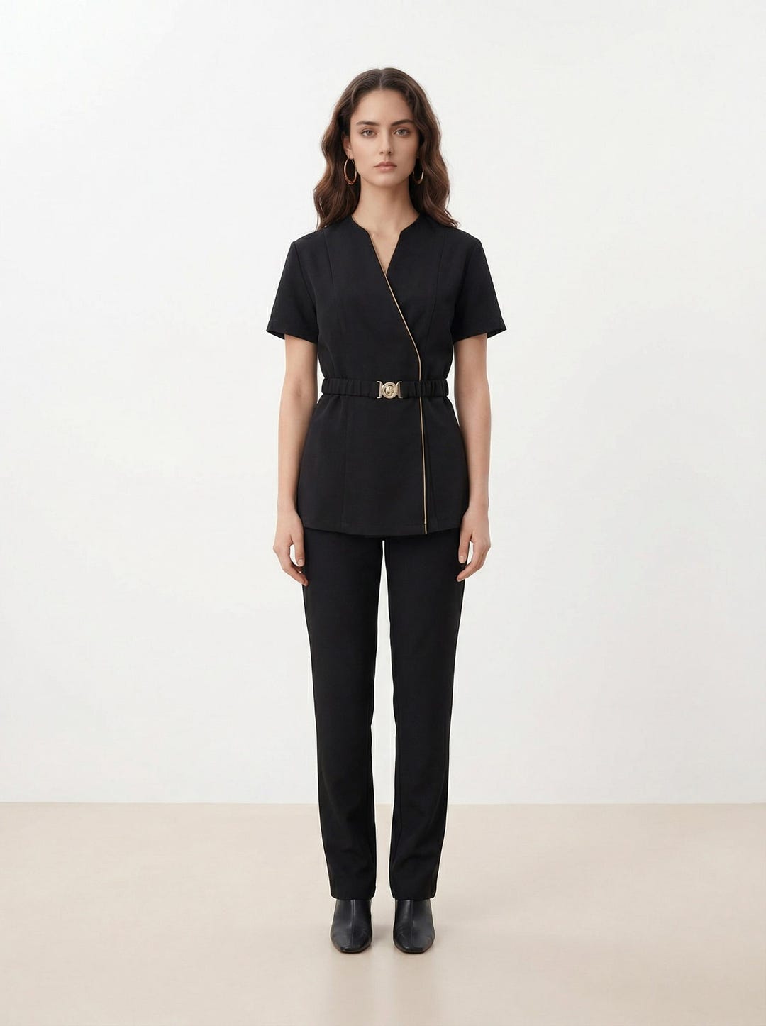 luxury-black-spa-uniform-set-for-estheticians-milano-slim-buckle