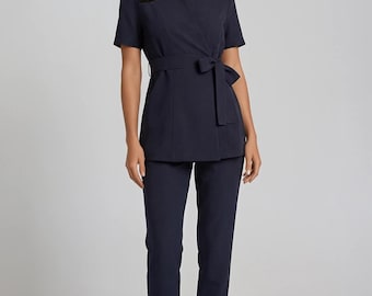 Riviera Bow Tailored Set, Luxury Navy Spa Uniform, Esthetician Uniform, Beauty Therapist Set, Elegant Wellness Workwear