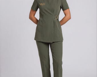 Monaco Olive Green Spa Uniform Set, Luxury Esthetician Scrubs, Gold Ring Wrap Tunic and Tapered Pants, Salon Workwear