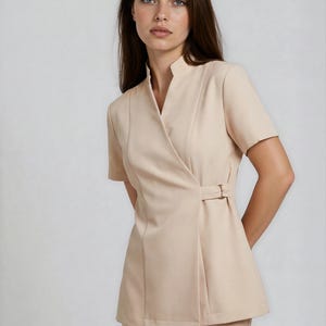 beige summer midi dress Beige Linen Midi Dress with Pleated Scoop Neck and Defined Waist main image 0