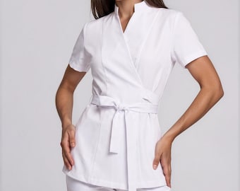 Luxury White Spa Tunic | Wrap Esthetician Uniform | Belted Beauty Salon Top | Medical Spa Workwear | Professional Healthcare Tunic