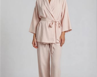 Handmade Linen Loungewear Set – Kimono Wrap Top & Pants