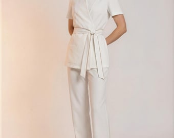 Riviera Dual Tone Wrap Spa Tunic | Natural White & Beige Esthetician Uniform | Luxury Beauty Salon and Aesthetic Clinic Workwear