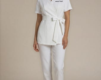 Riviera Signature Embroidered Set, Luxury White Spa Uniform, Esthetician Uniform, Personalized Beauty Therapist Workwear