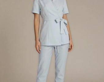 Luxury Mint Spa Uniform for Estheticians | Milano Buckle Tunic & Pants Set | Gold Detail Wellness Clinic Apparel/ Designer Professional Wear