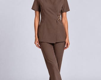 Monaco Mocha Brown Spa Uniform Set, Luxury Esthetician Scrubs, Gold Ring Wrap Tunic and Tapered Pants, Beauty Salon Workwear