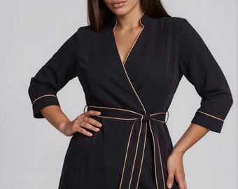 Black Spa Tunic with 3/4 Sleeves, Luxury Esthetician Uniform, Beauty Salon Tunic, Medical Spa Clothing, Professional Therapist Wear