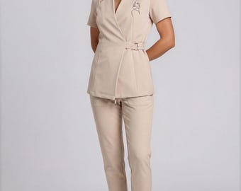 Monaco Signature Tunic | Luxury  Spa Tunic with  Gold Ring | Esthetician Uniform | Beauty Salon Workwear