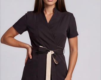 Black Tunic Luxury for Estheticians | Riviera Professional Wellness Top | Beige Detail Clinic Apparel | Designer Spa Uniform Top