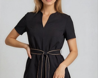 Luxury Black Spa Uniform Set for Estheticians | Élevé Wrap Tunic & Pants | Beige Detail Wellness Clinic Apparel | Designer Professional Wear