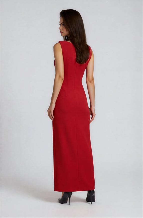 Fitted Red Maxi Dress, Evening Party Gown, Thigh Slit Fitted Red Maxi Dress, Evening Party Gown, Thigh Slit
