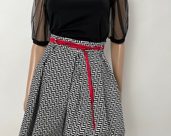 White And Black Skirt, Print Skirt, Cut Out Skirt, Red Belted Skirt, Elegant Skirt, Knee Length Skirt, Clothing Design