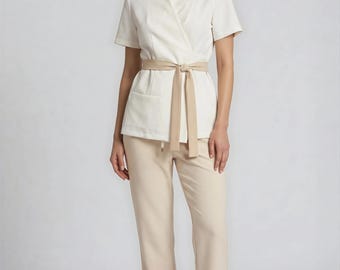 Luxury Spa Uniform Set, Natural White & Beige Esthetician Uniform, Riviera Dual Tone Wrap Tunic and Pants, Beauty Salon Workwear
