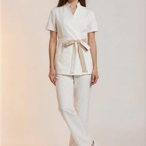 Riviera Dual Tone Spa Uniform Set | Natural White and Beige Wrap Tunic & Pants | Luxury Esthetician and Beauty Clinic Uniform
