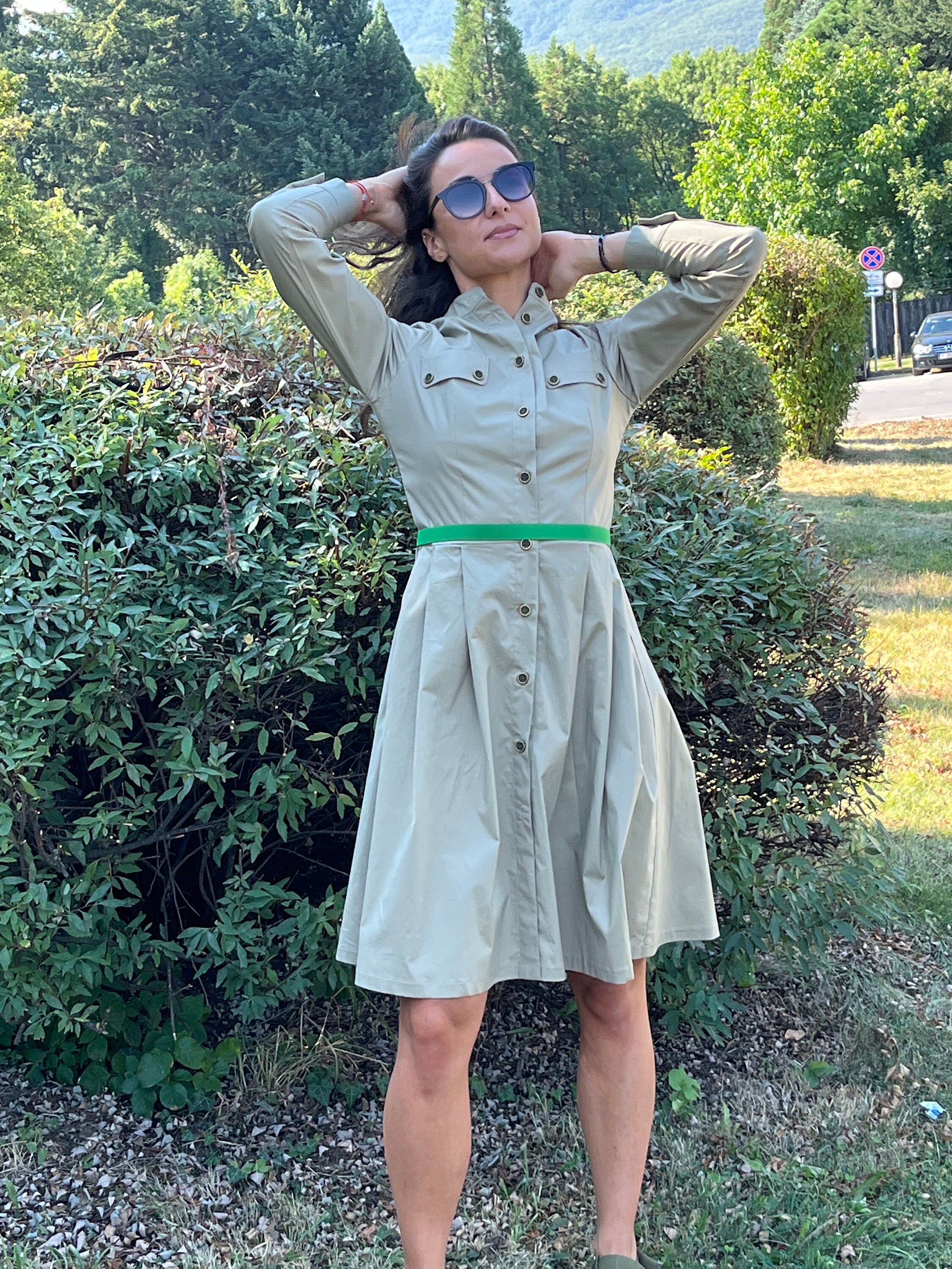 Cotton Shirt Dress, Beige Vintage Style, Removable Belt