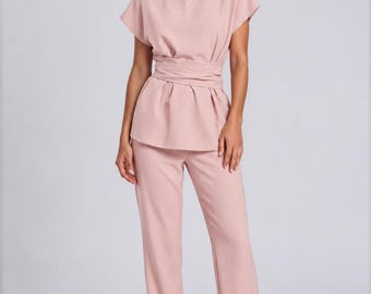 Luxury Spa Uniform Set for Women, Powder Blush Esthetician Uniform, Beauty Salon Workwear, Sienna Belted Tunic & Pants