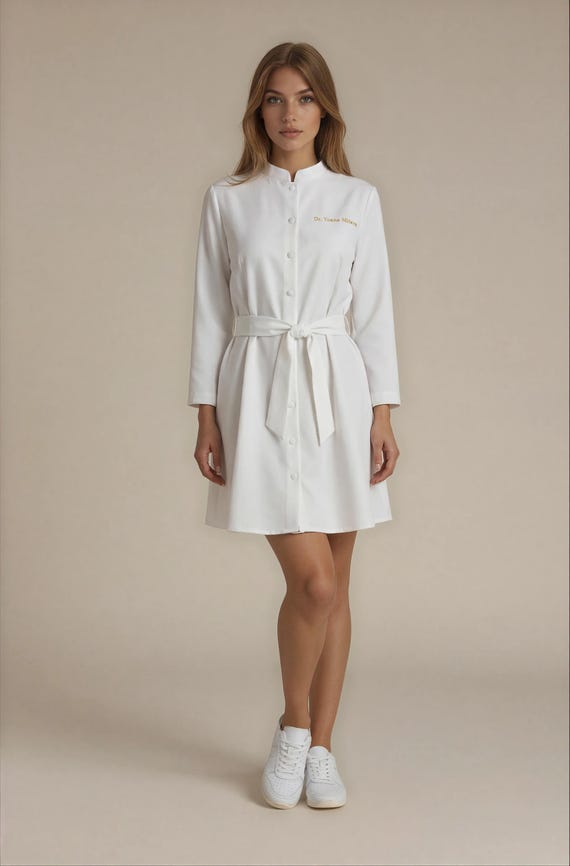 Luxury White Spa Dress for Estheticians | Riviera Soft Wrap Dress | Elegant Wellness Clinic Uniform | Designer Professional Wear