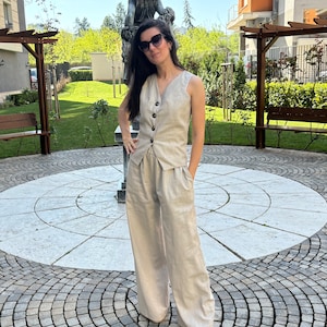Ensemble pantalon et gilet en lin, costume en lin pour femme, costume d&#39;été, pantalon en lin pour femme,