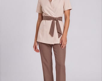 Beige Spa Uniform Set with Mocha Brown Pants and Wrap Belt, Riviera Tunic, Luxury Esthetician and Beauty Salon Workwear
