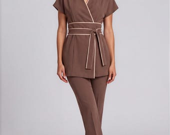 Aura Signature Wrap Set | Mocha Brown Spa Uniform with Ecru Trim | Luxury Esthetician & Beauty Salon Uniform