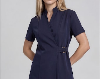 Monaco Ring Wrap Tunic, Luxury Navy Spa Uniform, Esthetician Tunic, Beauty Therapist Uniform, Elegant Salon Workwear