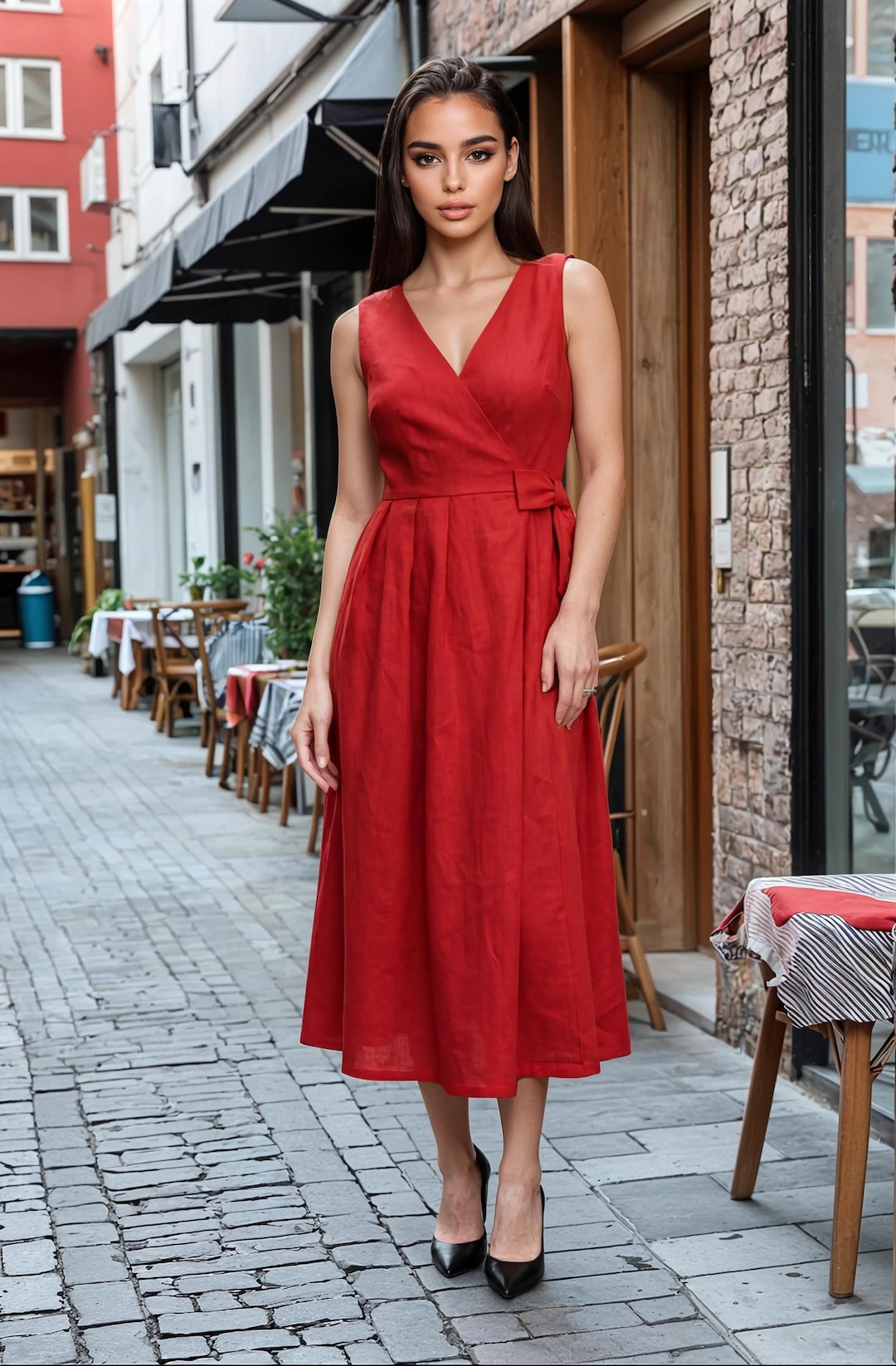 Deep Red Linen Midi Dress, Tie Waist, Summer Dress Deep Red Linen Midi Dress, Tie Waist, Summer Dress